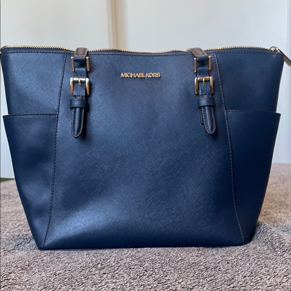 Michael Kors Navy Blue Tote with Gold Accents